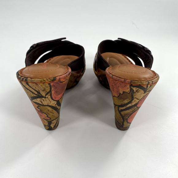 Born Crown Cross Strap Floral Cork Heel Sandals Sz 38/7.5 Brown Leather Buckle - Picture 9 of 10